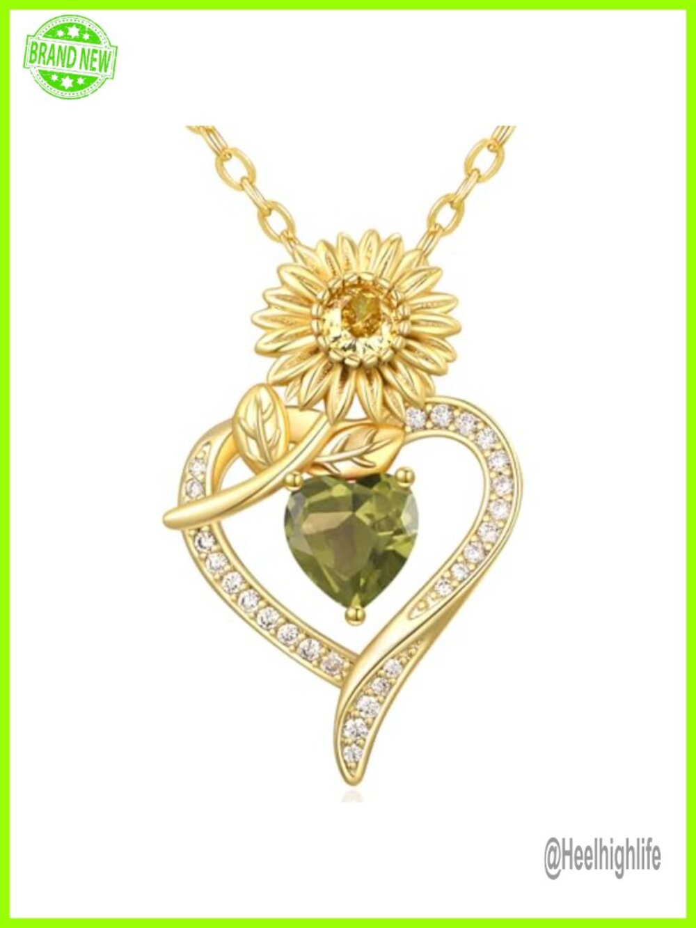 14K Gold Sunflower Heart Birthstone Pendant Necklace